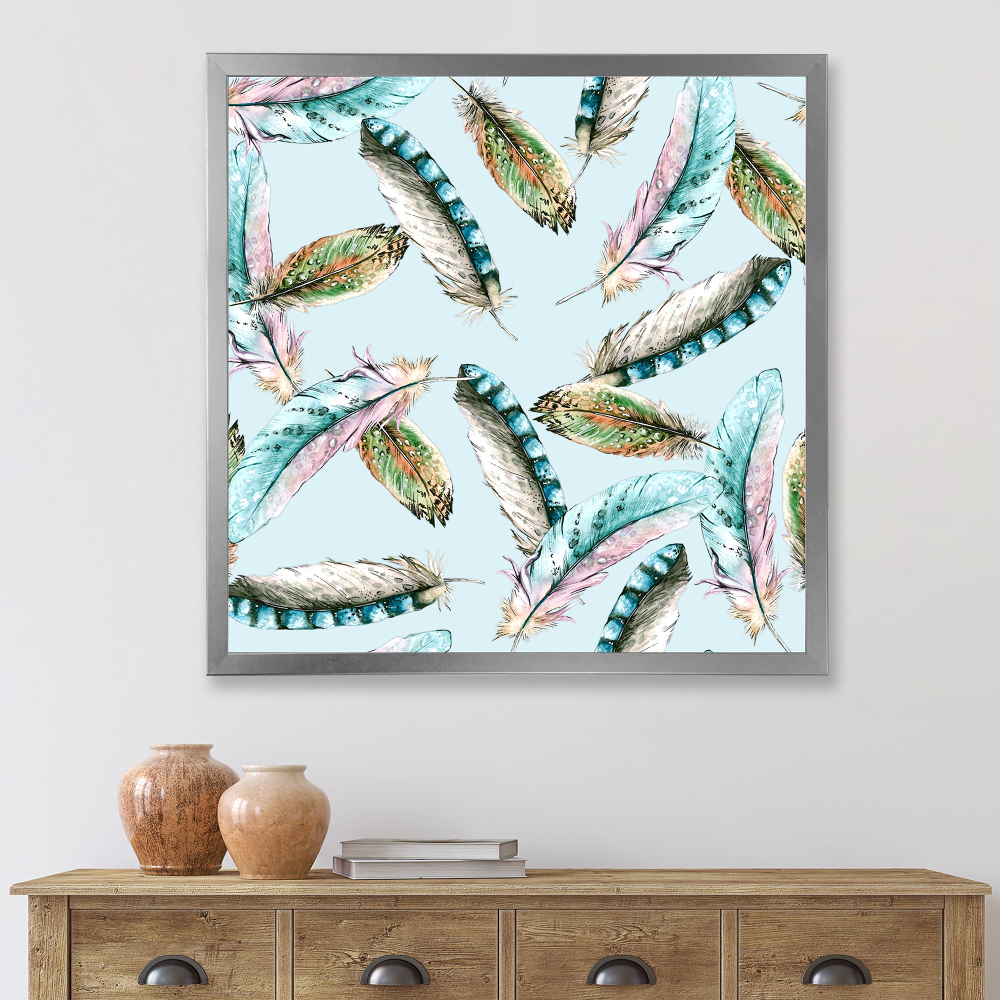 Designart 'Green Bird Feathers On Blue Background' Bohemian & Eclectic Framed Art Print