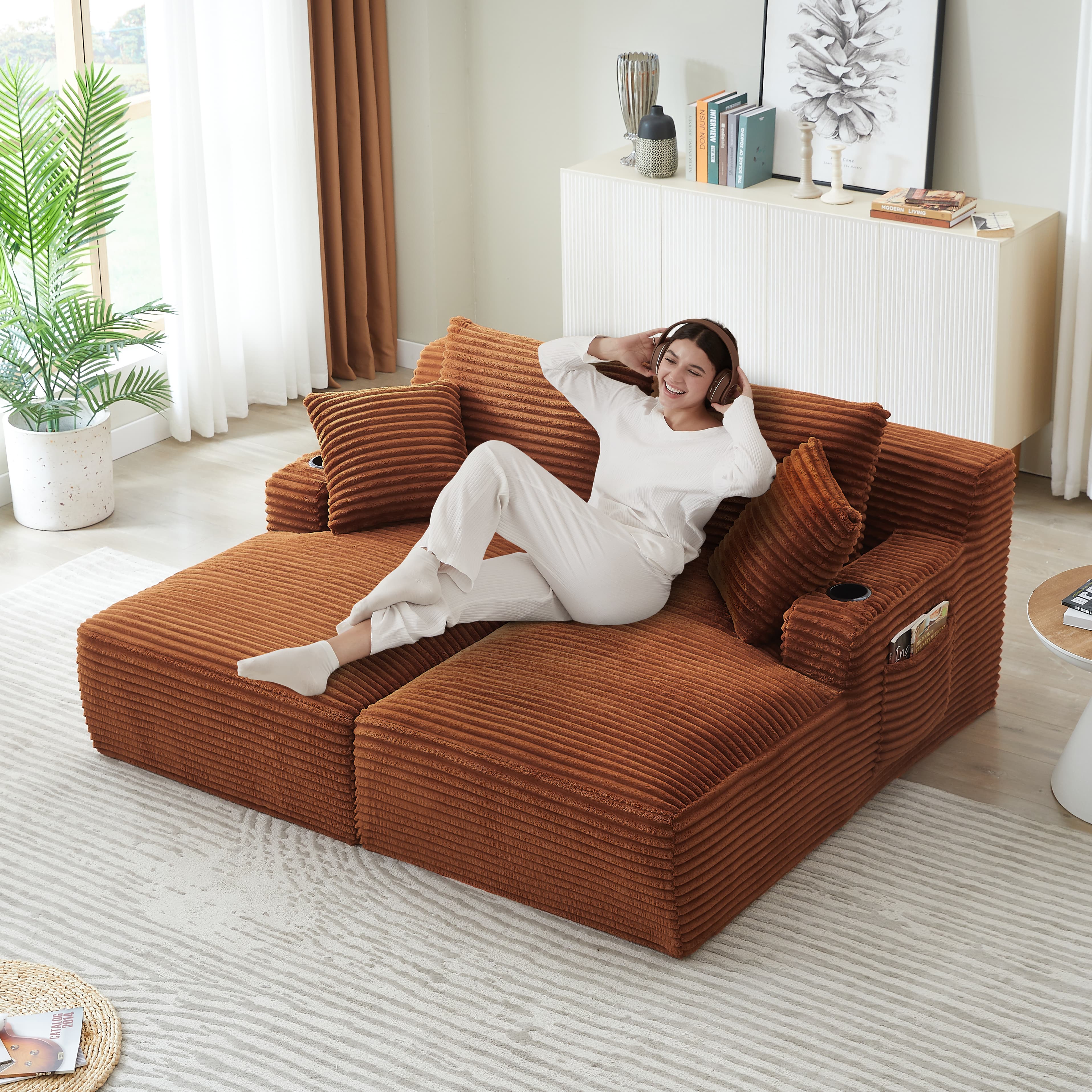 MAYEERTY Compressible Corduroy Double Chaise Sofa, Modern Sectional Loveseat with Cup Holders for Living Room, 71*62*34"Orange