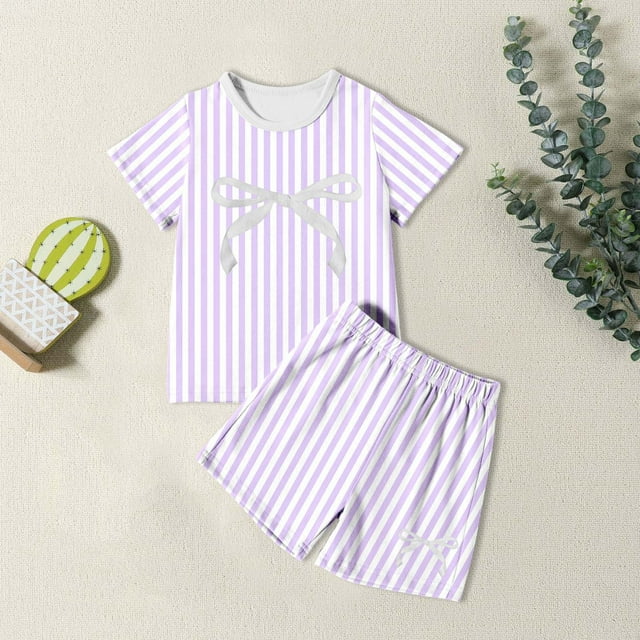Ensemble de Pyjama d'Été pour Filles Style Coréen Confortable à Rayures Manches Courtes Deux Pièces pour Usage Quotidien et Extérieur