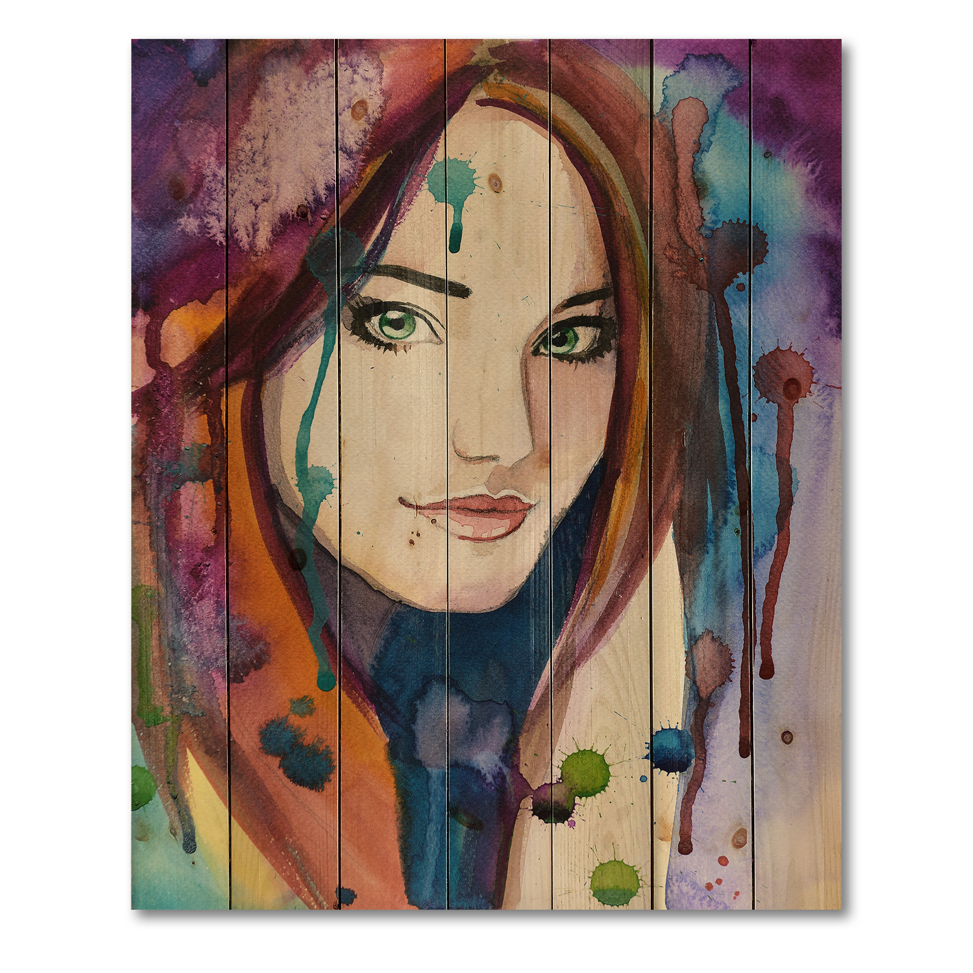 Designart 'Colorful Portrait Of Green Eyes Young Woman' Traditional Print on Natural Pine Wood