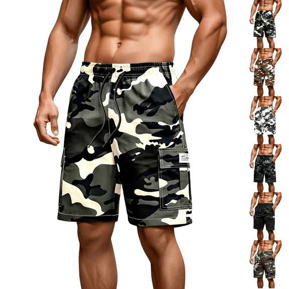 Athletic Camo Cargo Shorts Mens Elastic Waistband Drawstring Summer Casual Cotton Big & Tall Relaxed Fit Work Shorts Khaki M