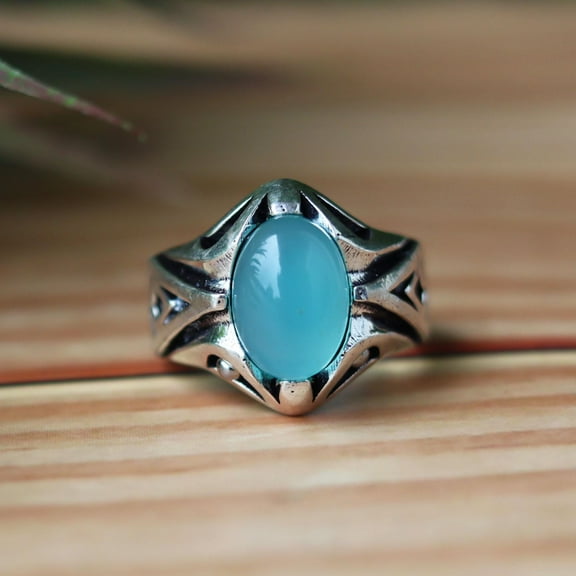 Blue Chalcedony Ring, Statement Ring, 925 Silver Ring, Unique Ring, Bohemian Ring, Men's Signet Ring Healing Crystal Ring, Oval Cut Gemstone