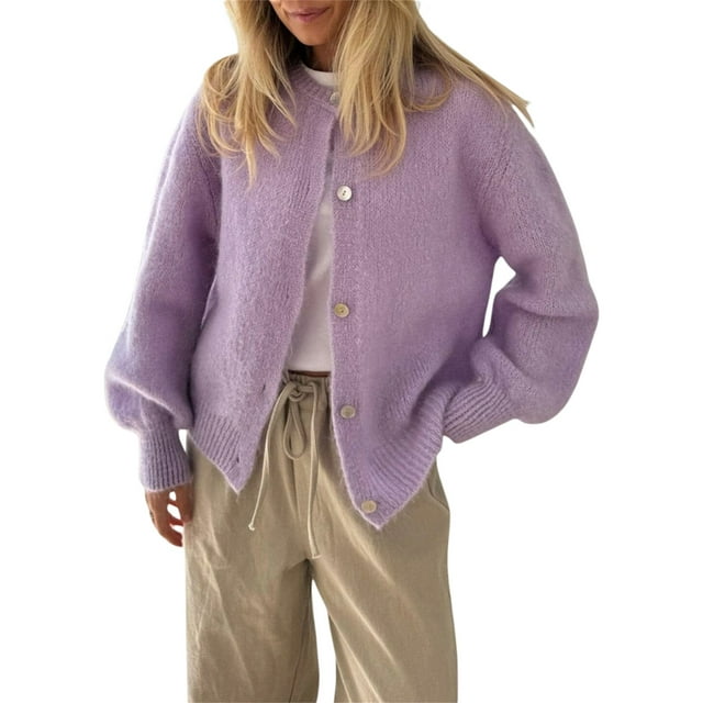 Cardigan Uni pour Femme, Duveteux, à Manches Longues, Chandail à Boutons