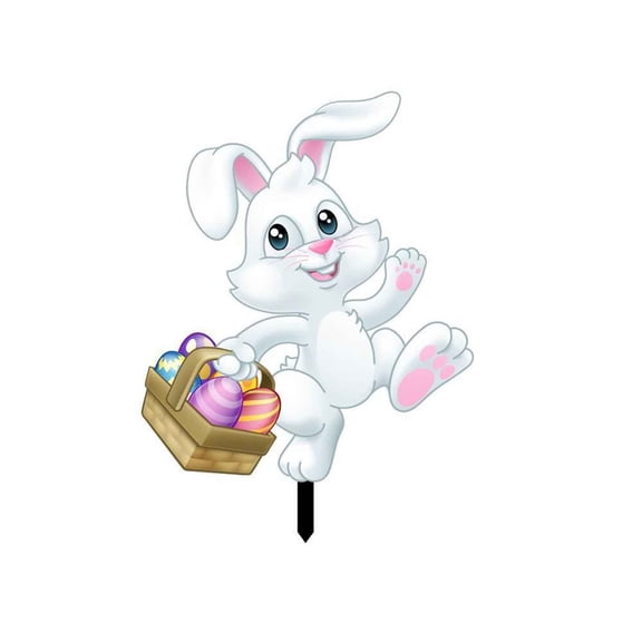 Easter Bunny Yard Decoration with Basket of Eggs Cartoon Rabbit Outdoor Garden Stake Sign for Holiday Lawn Display