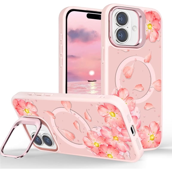 for iPhone 16 Magnetic Flower Case with Kickstand, Compatible with MagSafe, Built-in Camera Ring Stand, Floral Pattern Slim Translucent Frosted Pink Cover for Girls Women, Cherry Blossom