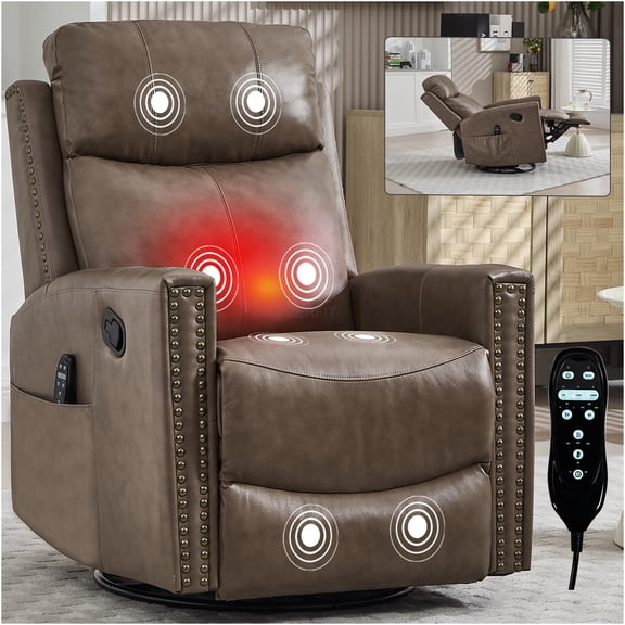 JERFIT Genuine Leather Power Lift Recliner Chair with Heat Massage, Swivel Rocker for Living Room, Camel Brown