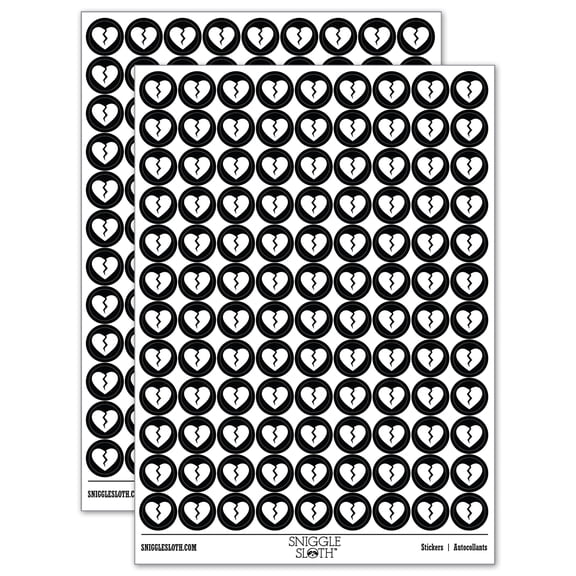 Broken Heart Love 200 Round Stickers - Black - Gloss Finish - 0.50" Size