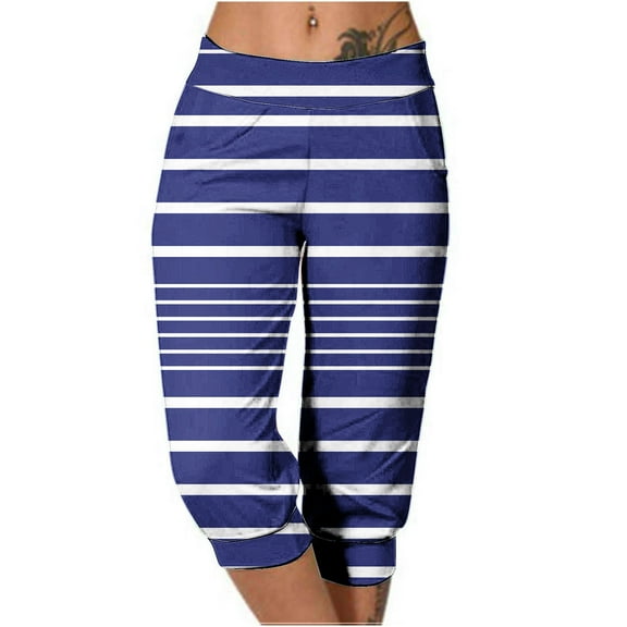 Scyoekwg Womens Capris for Summer Mid Waist Lightweight Capris Joggers Workout Athletic Yoga Pants Casual Striped Print Trendy Ladies Capris Summer Comfy Loose Pants (Blue,L)