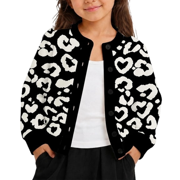 Tiijoy Girls Leopard Print Sweater Cardigan Fall Long Sleeve Sweater, Black, Sizes 5-14