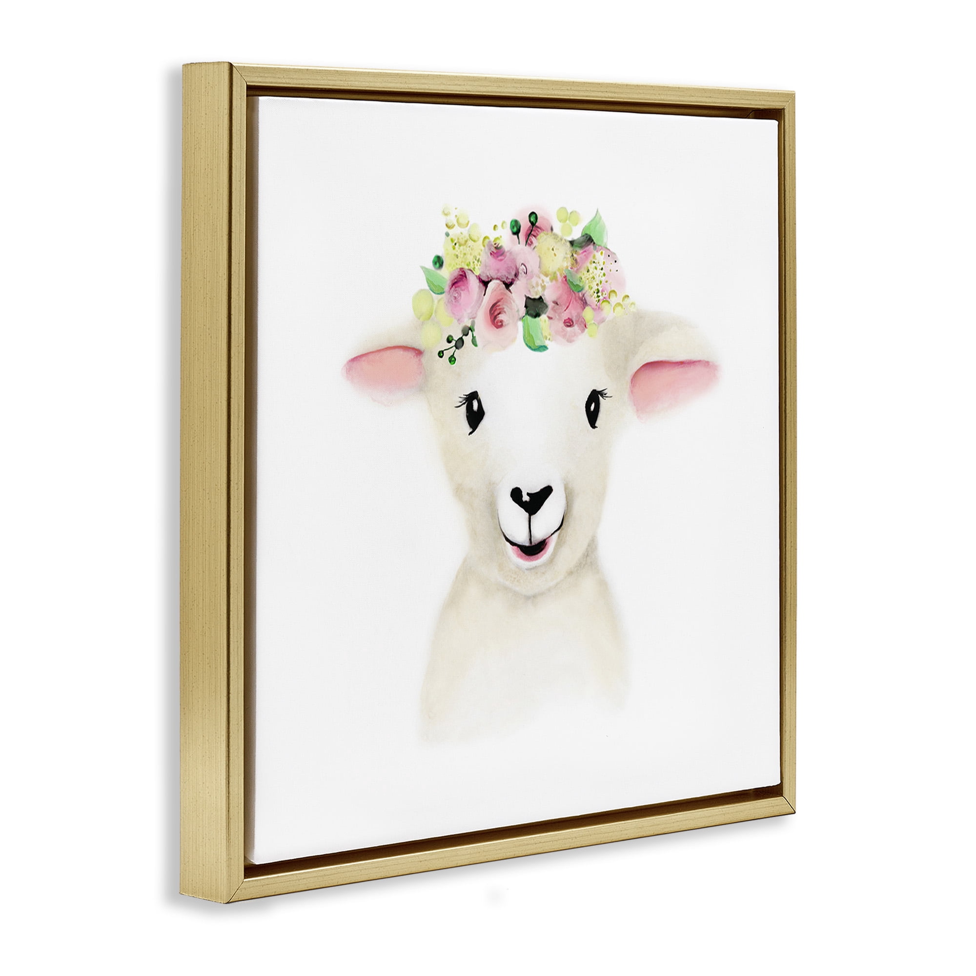 Stupell Industries Baby Lamb Sheep Flower Crown Art for Kids Painting Gold Floater Framed Canvas Art Print Wall Art, 25 x 25