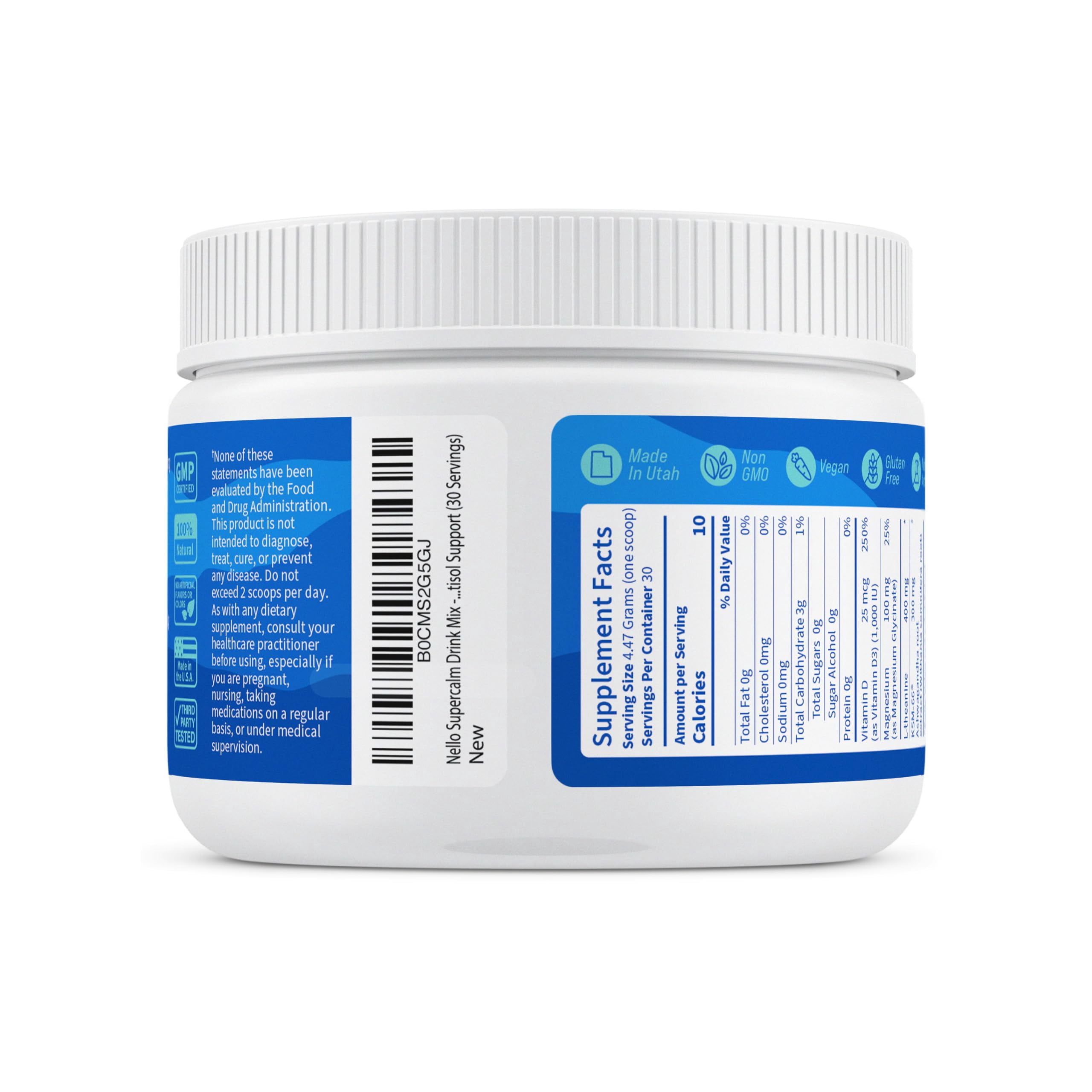 Nello Supercalm Drink Mix - Ashwagandha KSM 66, Magnesium Glycinate, L-Theanine, Vitamin D3 - Ashwagandha Root Extract, Magnesium L-Theanine Supplement - Focus Support (30 Servings)