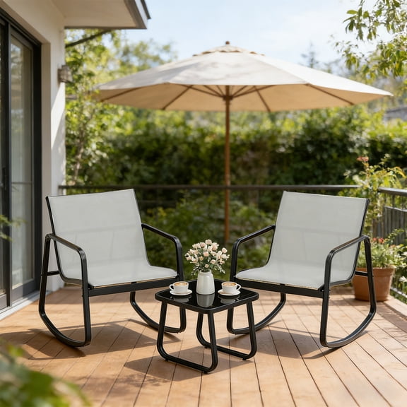 3-Piece Patio Bistro Set, Outdoor Rocking Chairs and Coffee Table, Small Balcony & Poolside Furniture Conversation Set