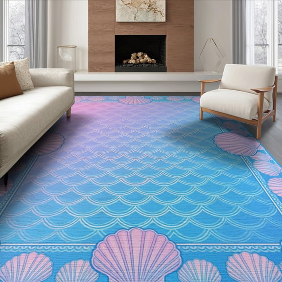 ODIKA 8'x10' Washable Area Rug Fish Scale Ombre Seashell Border Mermaid Gradient Refined Structured for Dining Room, Large Office, Lounge, Non-Slip Chair-Friendly Mat