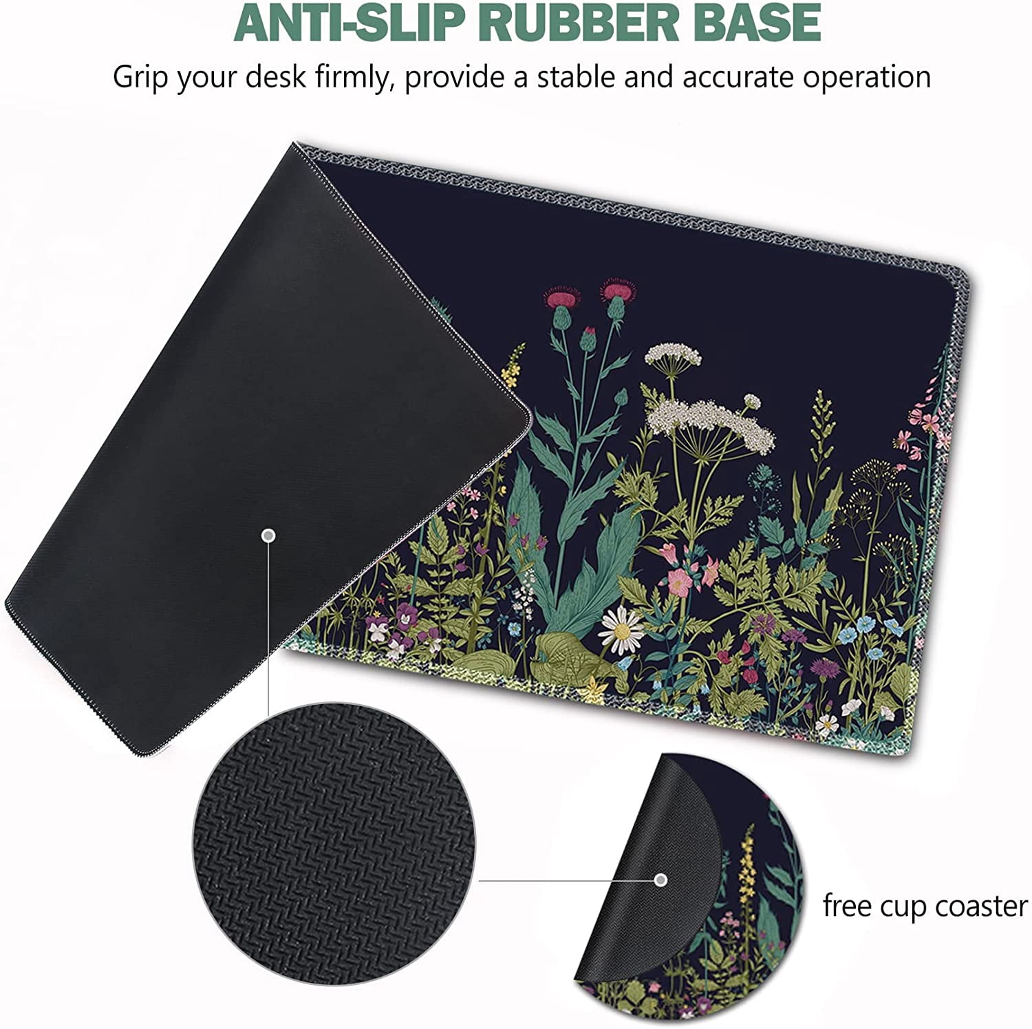 Large Gaming Mouse Pad, Extended Mouse Pad with Stitched Edge, XL Keyboard Mouse Mat Non-Slip Rubber Base Desk Pad 31.5x15.7inch for Office Home Game Work -Flowers Plants