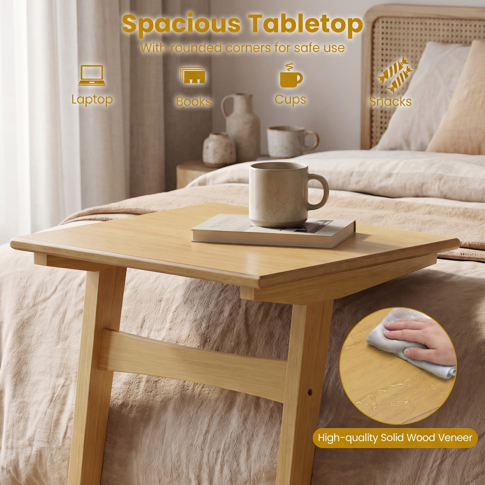 Furnibear Set of 2 C Shaped End Tables, Space-Saving Wood Sofa Side Tables with Veneered Top, Slide Under Couch Snack Laptop Tables with Sturdy Triangle Base, Natural