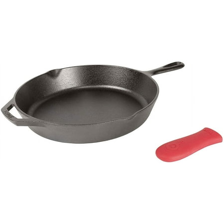 Lodge Cast Iron Skillet with Red Silicone Hot Handle Holder  12-inch