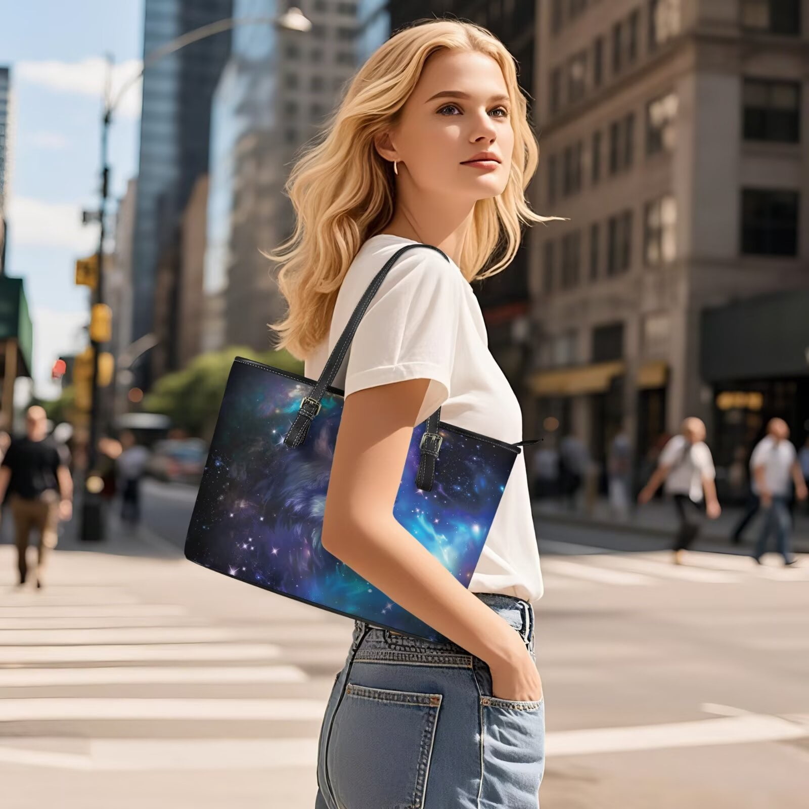 TSOVTHRID Wolf Star Galaxy Print Womens Handbag with Matching Wallet Large Shoulder Tote Bag Top Handle Purse Black Blue PU Leather Clutch Purse Satchel Handbag for Women