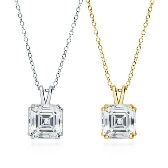 BERRICLE Sterling Silver Solitaire Asscher Cut Cubic Zirconia CZ Anniversary Pendant Necklace for Women, Rhodium Plated and Yellow Gold Flashed 6 Carat, 2 Piece