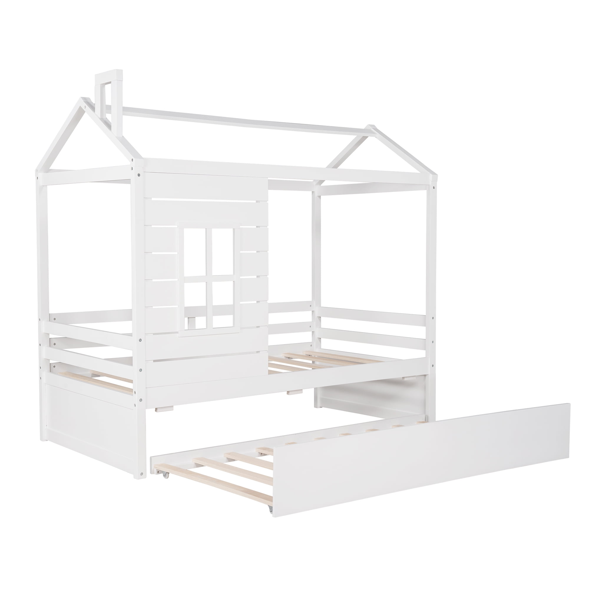 Harper & Bright Designs Twin House Bed with Trundle and Tent, House Twin Bed Frame with Roof and Windows, White