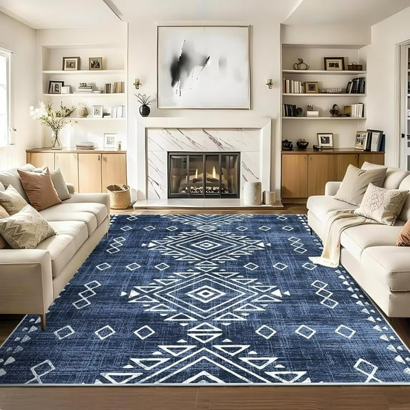 Garvee Area Rugs 9'x12' Washable Rug Indoor Bedroom Geometric Rug Large Bohemian Farmhouse Rug Soft Foldable Rug, Blue
