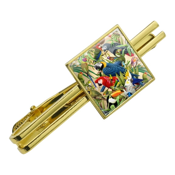 Tropical Birds Parrot Macaw Toucan Pattern Square Tie Bar Clip Clasp Tack- Silver or Gold