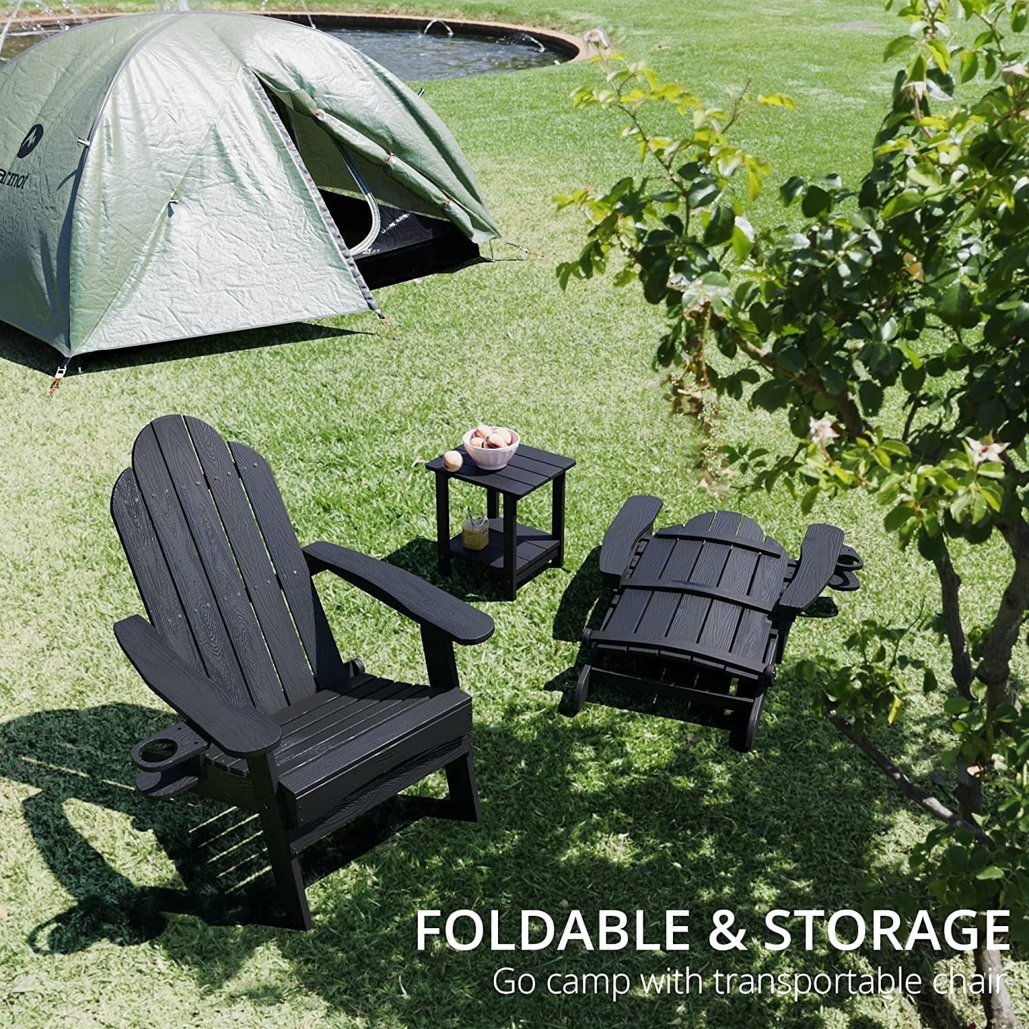 Dycanpo Folding Adirondack Chair Set of 2, Fire Pit Patio Garden Chair with Cup Holder, Black