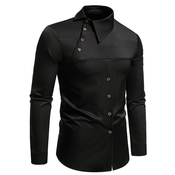 Men Clothing, Men's Stand-Up Collar Formal Shirt, Irregular Long-Sleeved Business Shirt with Oblique Buttons
