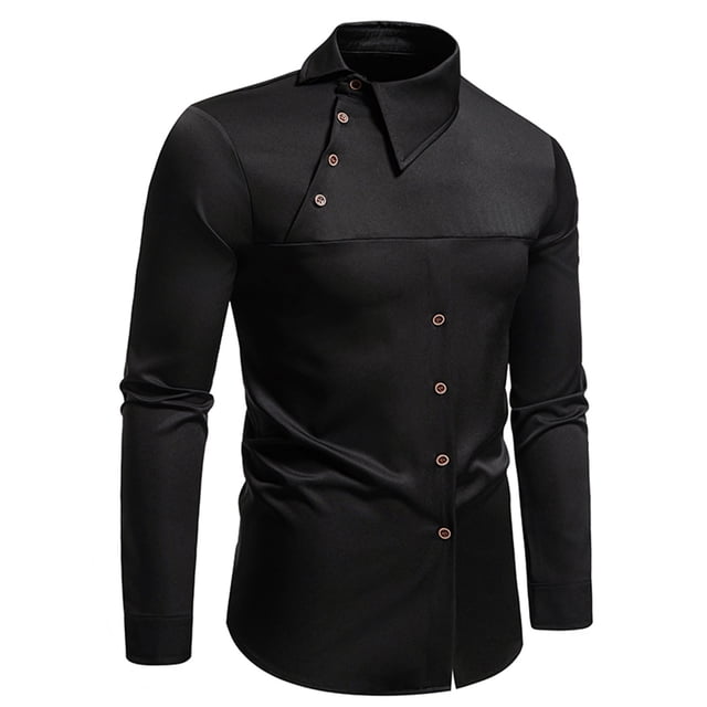ylioge Mens Long Sleeve Shirts Slim-Fit Button Asymmetric Collared Tshirts Shirt Trendy Pullover Solid Color Business Work Tops