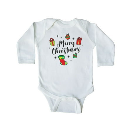 

Inktastic Merry Christmas with Presents Ornaments and Stocking Gift Baby Boy or Baby Girl Long Sleeve Bodysuit