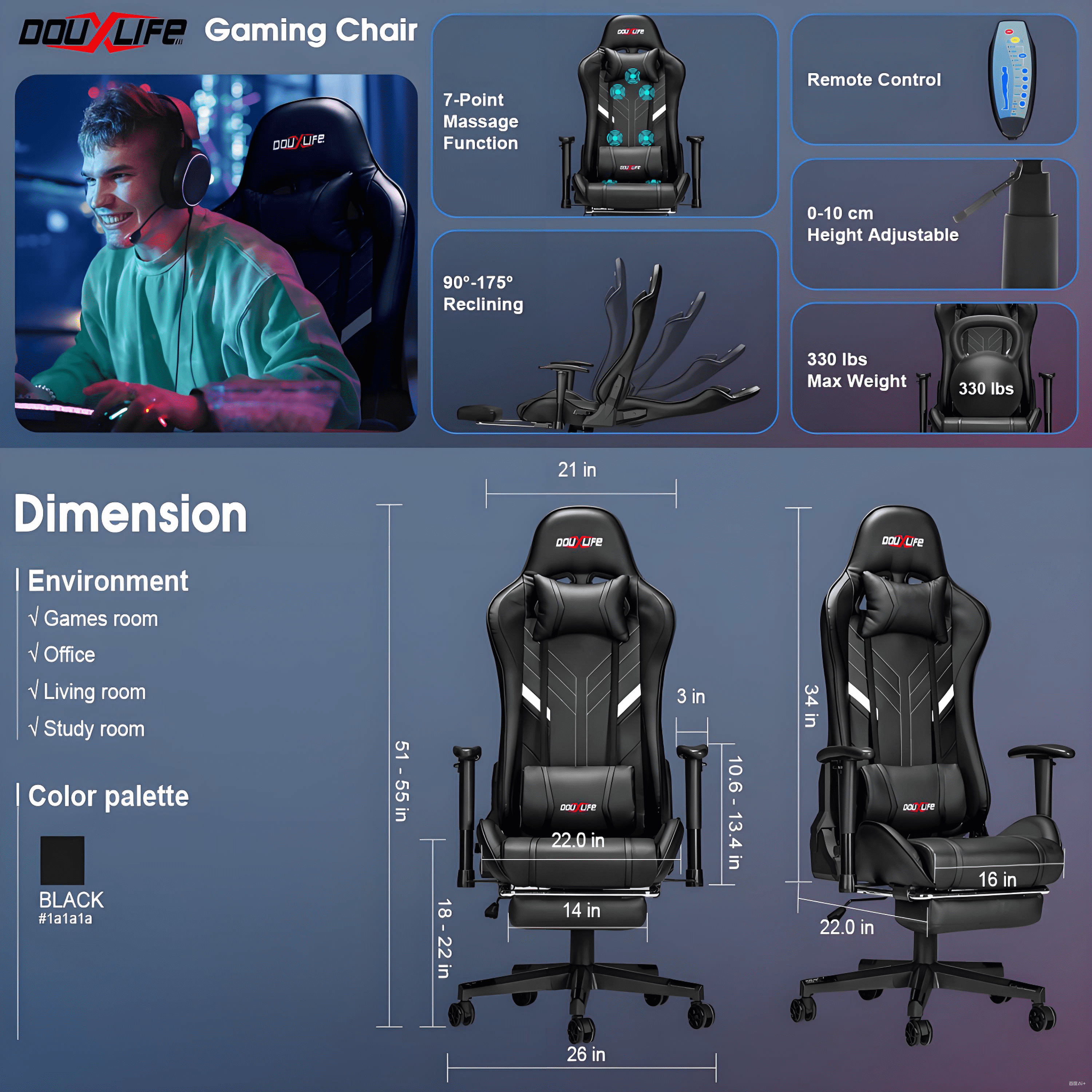 Douxlife 7-Point Massage Gaming Chair with Footrest, 175° Reclining, Ergonomic Racing High Back Home Office Computer Chair, Video Game Chair for Adults Kids