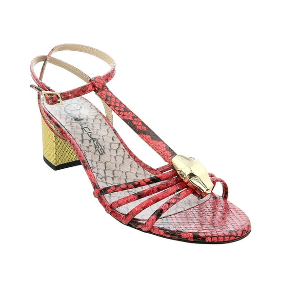 Roberto Cavalli Class  Coral/Gold Textured Snake Print Mid Heel Sandal-5.5/6 for womens