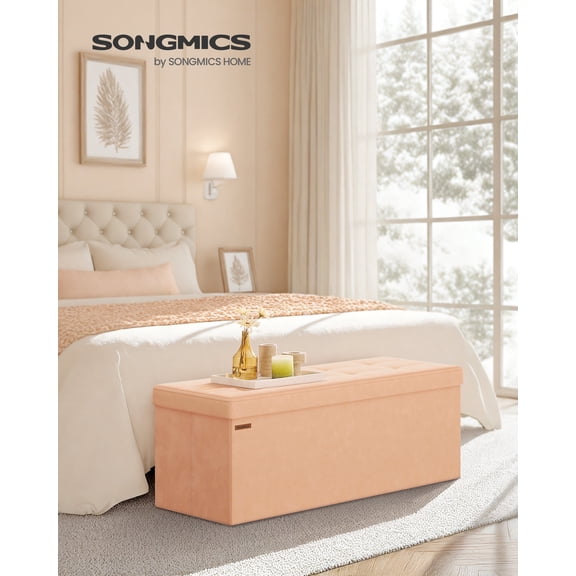 SONGMICS Mazie Collection - Storage Ottoman Bench, Foldable Foot Rest, 15 x 43 x 15 Inches, End of Bed Bench, Storage Chest, Load 660 lb, Living Room, Bedroom, Entryway, Apricot