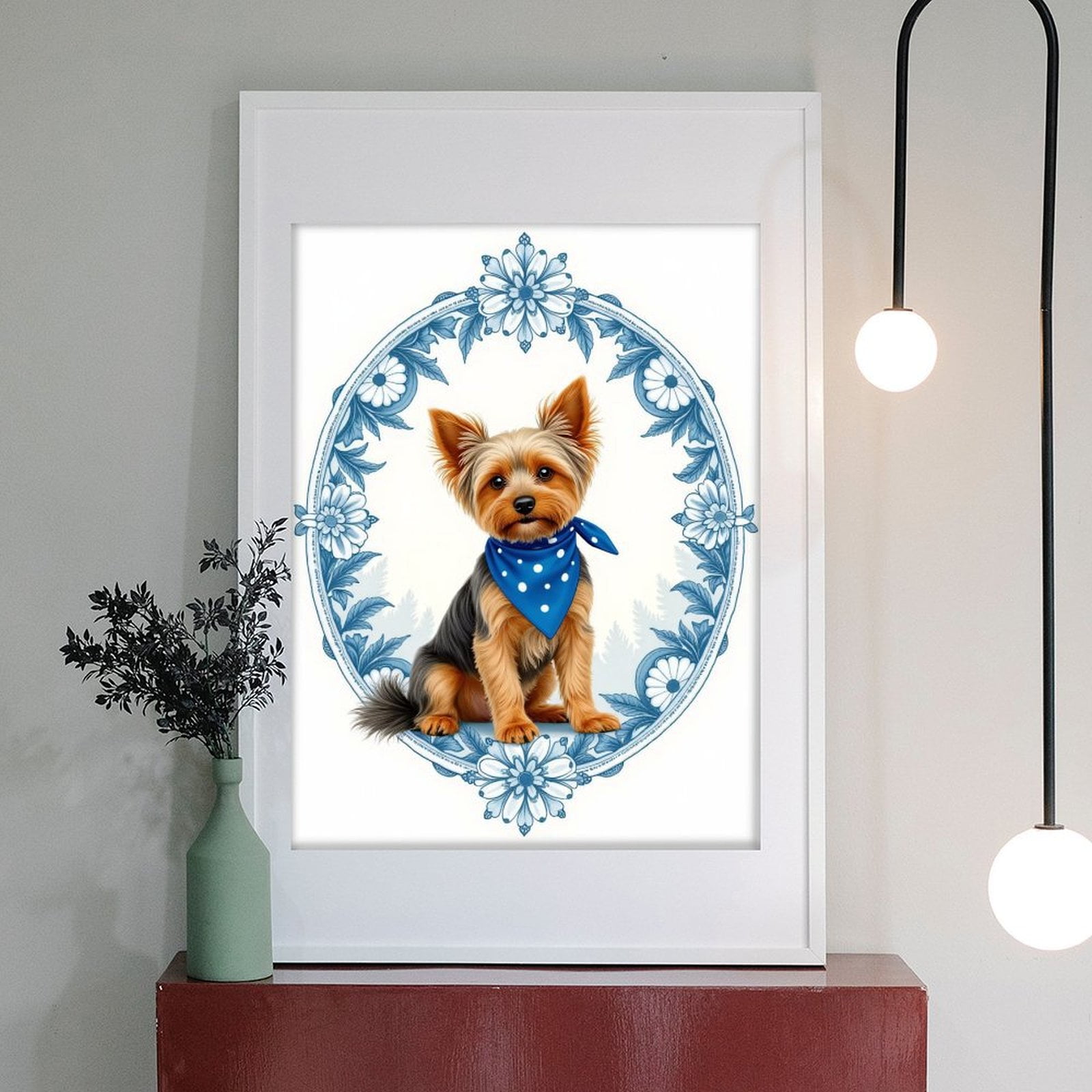 Diamond Art Kit for Adults, Small Dog Blue Bandana Floral Frame Diamond Painting for Adults Beginners, DIY Diamond Art Painting Kits, 5D Diamond Painting Crafts for Home Decor 12x16 Frameless