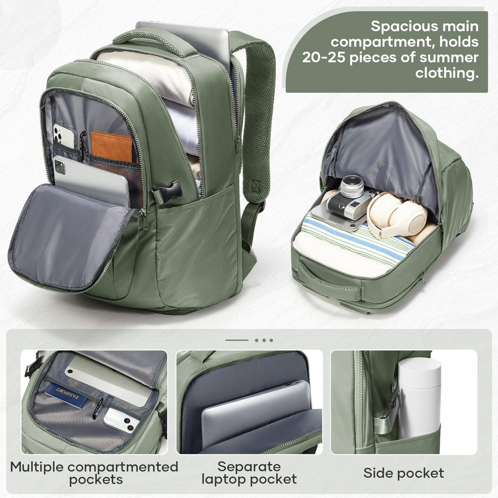 SYCNB Waterproof Lightweight Travel Backpack for Women, Laptop Backpack with Charging Port for College Student, Airline-Approved Carry On Backpack, Personal Item Travel Bag with Shoe Pouch Gray Green