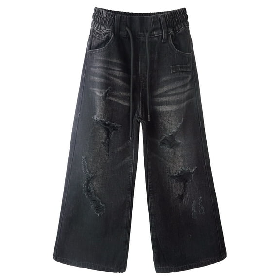 KIDSCOOL SPACE Little Girls Ripped Denim Pants, 5-14T Wide-leg Loose Elastic Waist with String Flared Jeans,Black,4-5 Years