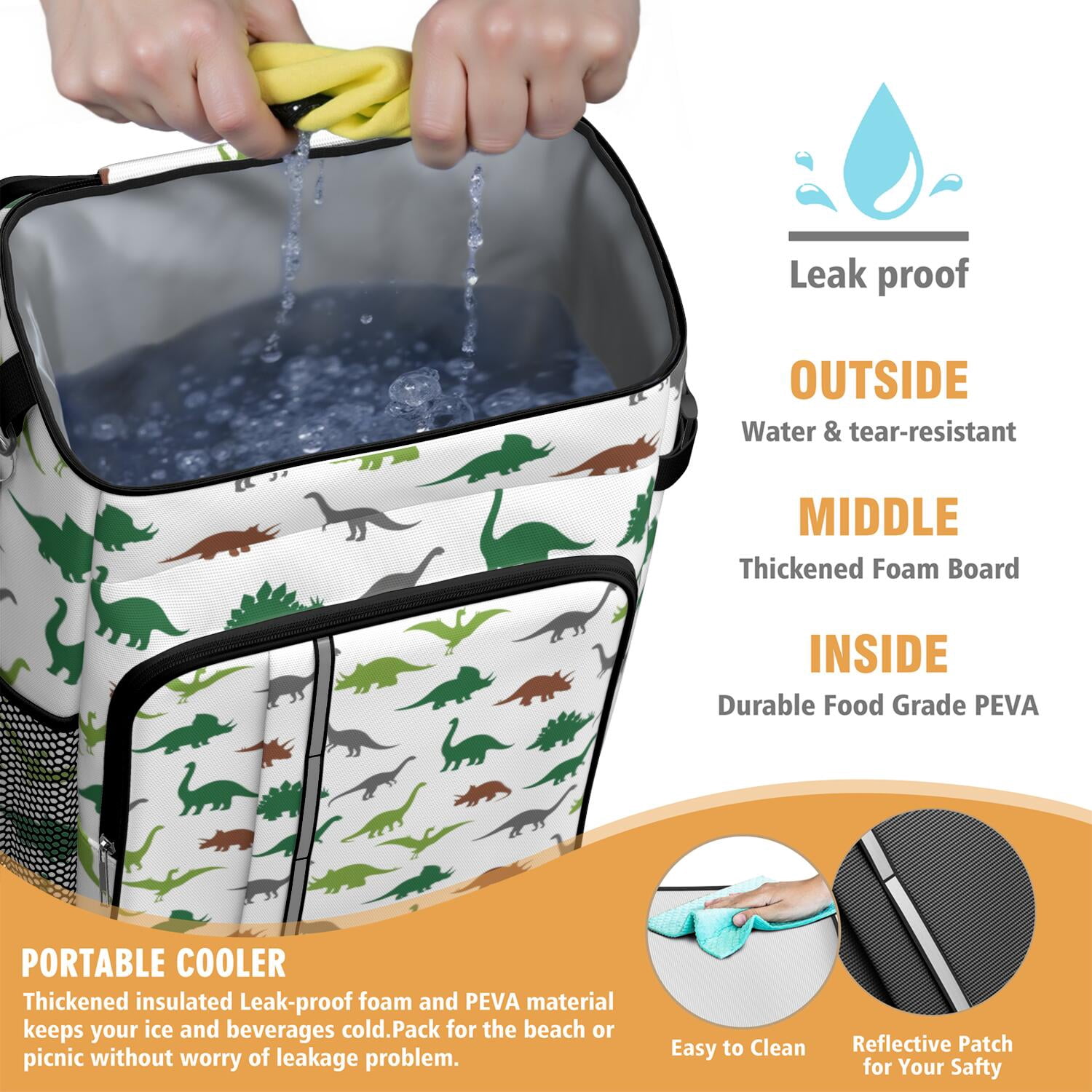 Travel Cooler Bag - White Dinosaurs Silhouette Pattern Camping Beer Cooler Backpack with Bottle Opener- Waterproof Insulated Picnic Backpacks - Cooler Bag for Beach