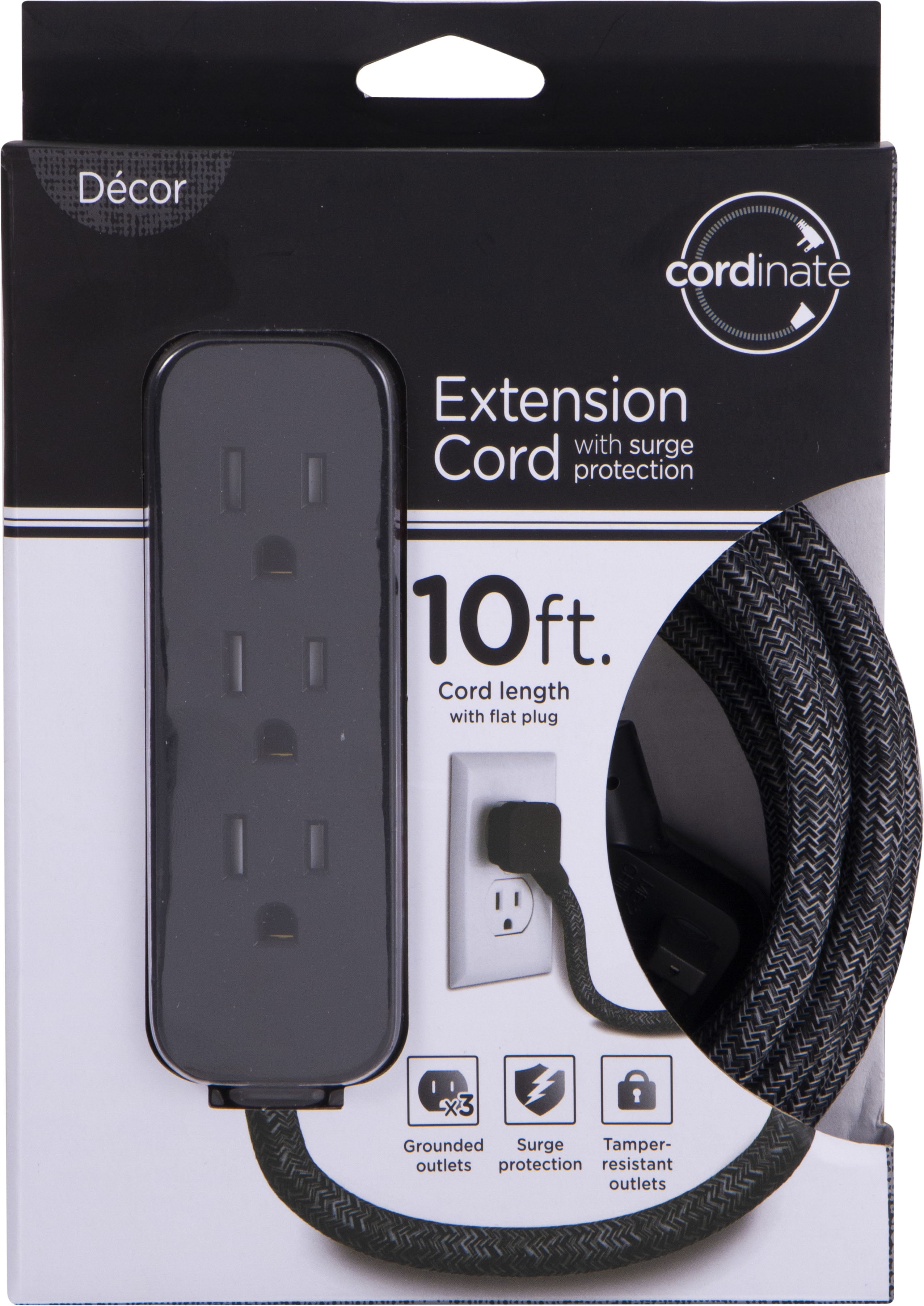 Cordinate 10 ft. Braided Designer Extension Cord, 3 Outlets, Dark Heather - 43013
