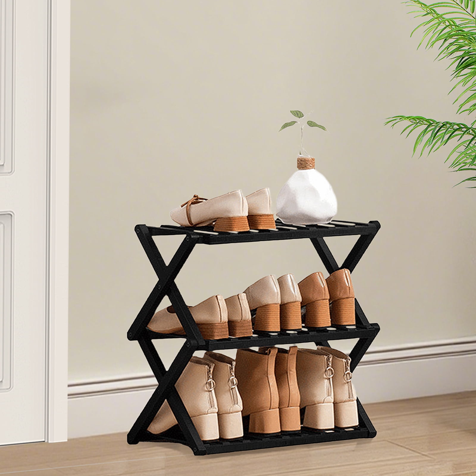 HDUTNGISN 3 Tier Foldable Bamboo Shoe Rack,Tool Free Setup Shoe Organizer, 20x10x15in Entryway Storage,Tawney
