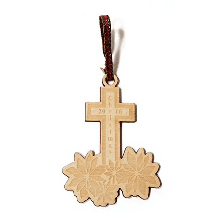 Laser Engraved Crosses - Christmas 2016 Cross and Poinsettias Laser Engraved Wooden Christmas Tree Ornament Gift Seasonal Decoration