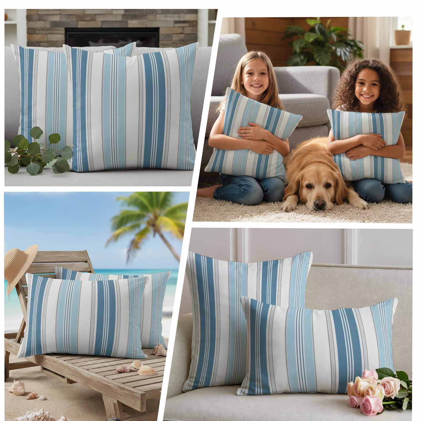 Blue Striped Outdoor Waterproof Pillow Covers, Modern Farmhouse Stripes Grey Decorative Rectangle Throw Pillowcase Sofa Cushion Sham for Patio/Couch/Chair, 20"x12" 2 Pack