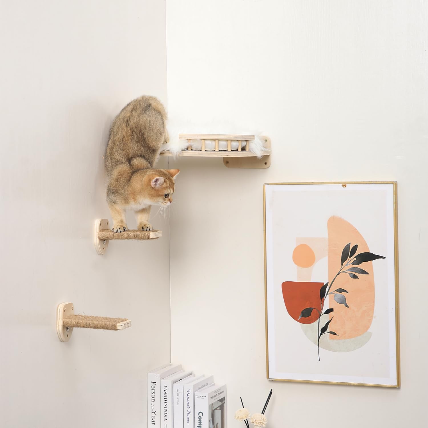 Cat Wall Shelves - 3 Steps Scratch Post & Hammock Bed with Plush Cover, Climbing Shelf for Indoor Cats (Wood)