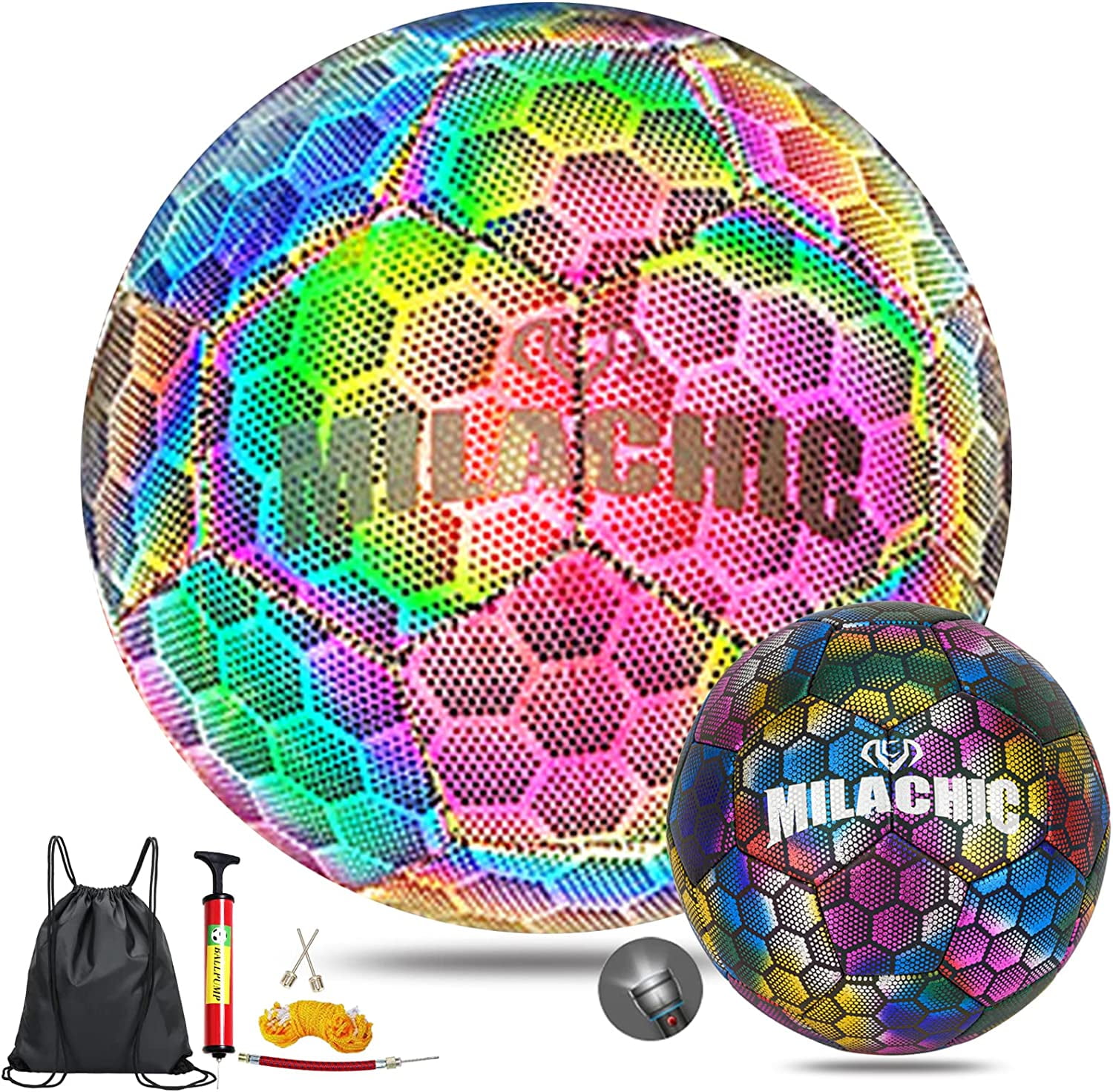 Soccer Ball, Holographic Soccer Ball Size 4 & Size 5, Reflective Glowing Soccer Ball Gift for Boys, Girls, Men Indoor-Outdoor Soccer Training