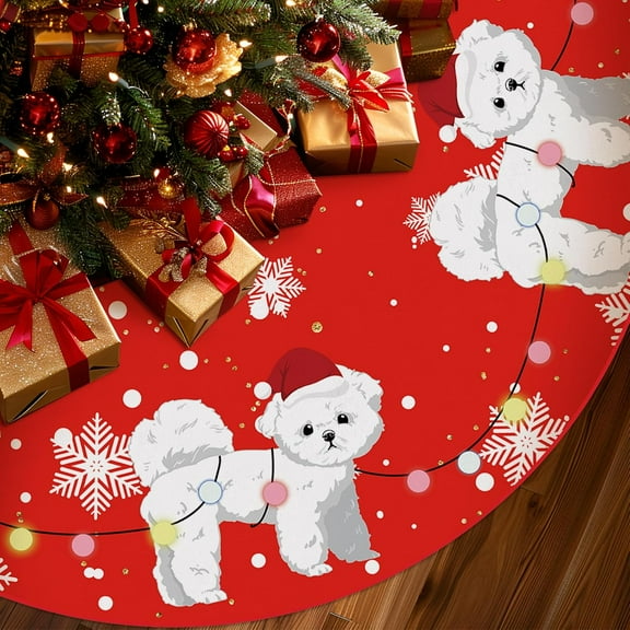 Christmas Tree Skirt Red Tree Skirts Bichon Frise Xmas Tree Skirt Tree Mat 48 Inch Dog Winter Christmas Decorations for Home
