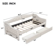 Noble House Twin XL Linen Upholstered Daybed, Tufted Frame with 7-Color LED Belt and 2 Storage Drawers, Beige
