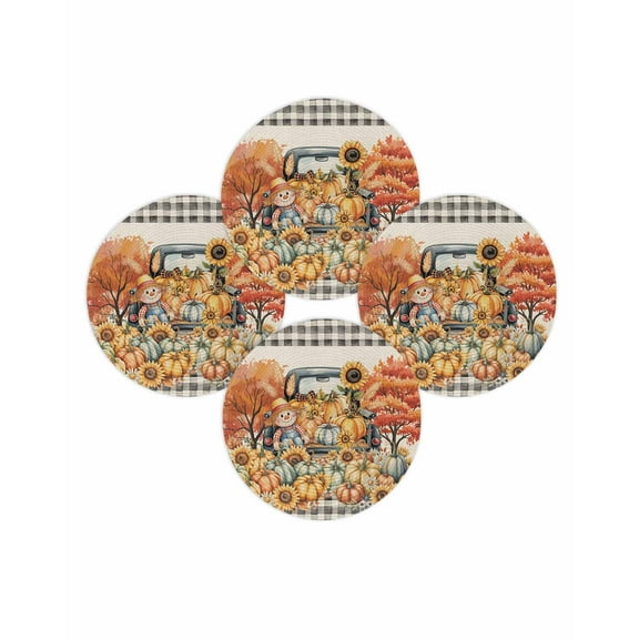 Fall Round Placemats Set of 4 Scarecrows Pumpkin Truck Place Mats Thanksgiving Woven Placemat Sunflower Maple Leaves Linen Circle Braided Table Mat for Kitchen Dining Table Party Home Decor 15 Inch