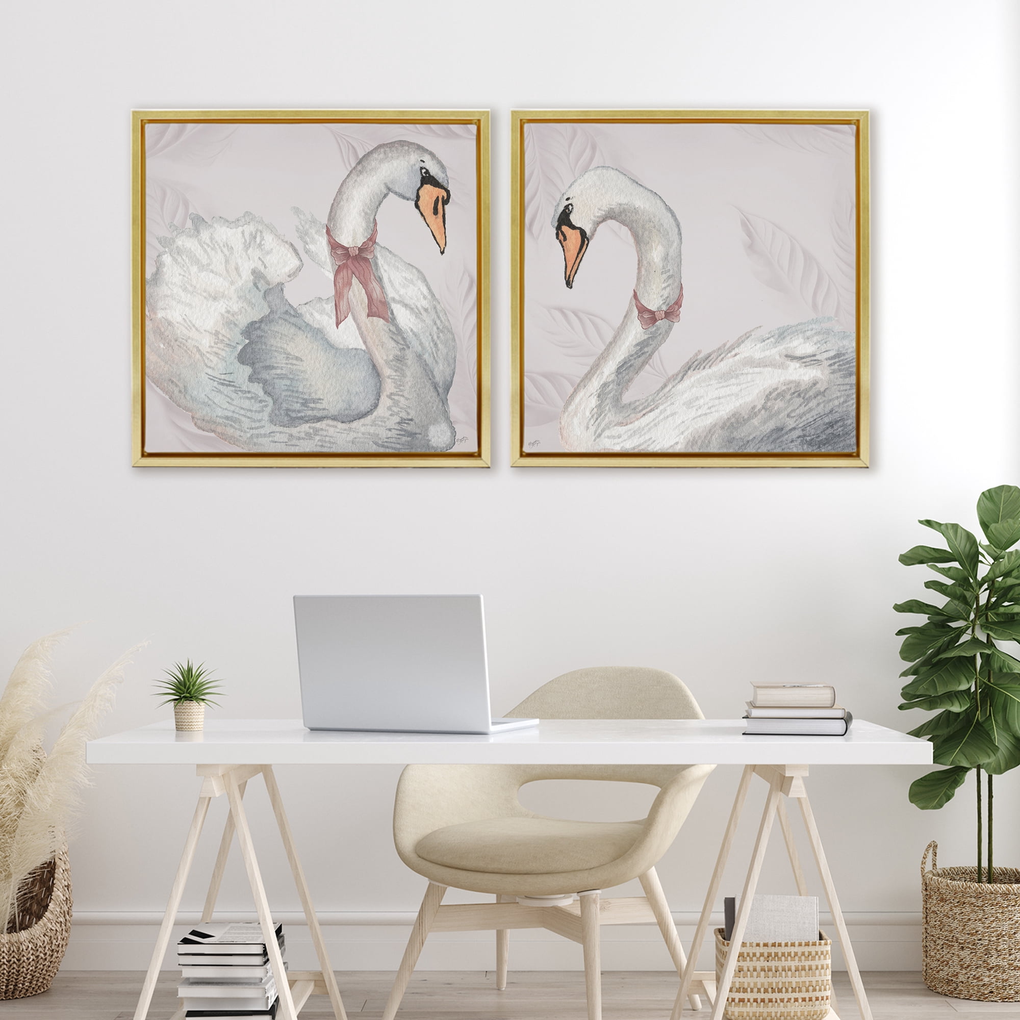 Stupell Industries Classic & Elegant Swans 2 Piece Gold Framed Floater Canvas Set, design by Elizabeth Medley