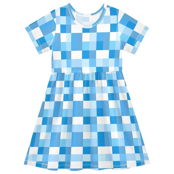 joogoo Checkered Blue and White Girls' Short Sleeve Dress Kids Dresses 5-6T