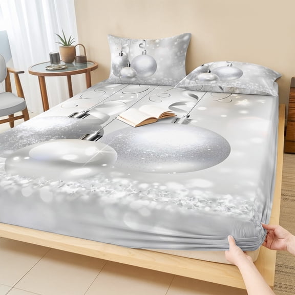 King Size Fitted Sheet Set - Christmas 3 Piece Bedding Sets 16" Deep Pocket Fitted Sheet with 2 Pillowcases, Xmas Silver Balls Glitter Sparkle Stars Brushed Microfiber Hotel Luxury Bed Sheets