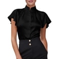 thumbnail image 2 of Uootdi Work Tops for Women Stand Collar Flutter Short Sleeve Button Front Plain Satin Womens Shirts Straight Fit Business Casual Silky Summer Blouses for Women, 2 of 5