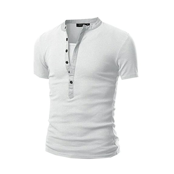 Leutsin Men's Cotton Undershirt Fashion Men's Summer Casual V-Neck Solid Button T-shirt Short Sleeve Top Blouse